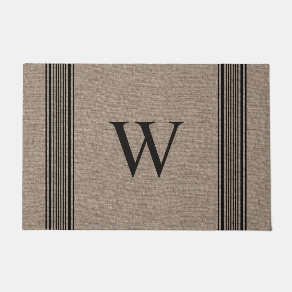 Rustic Burlap Farmhouse Ticking Stripe Monogram Doormat