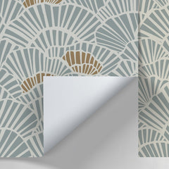 Soft Blue and Gold Fan Shell Art Deco Wallpaper