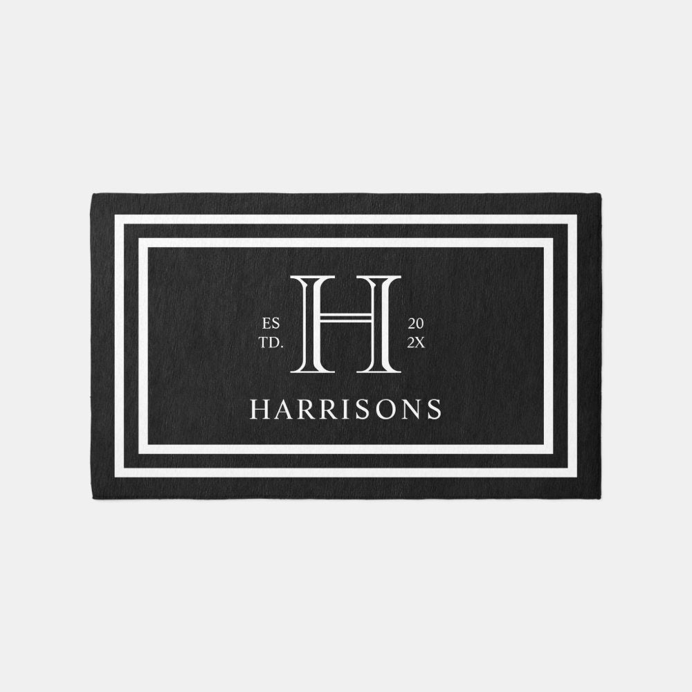 Monogram Family Year Established Black White Rug