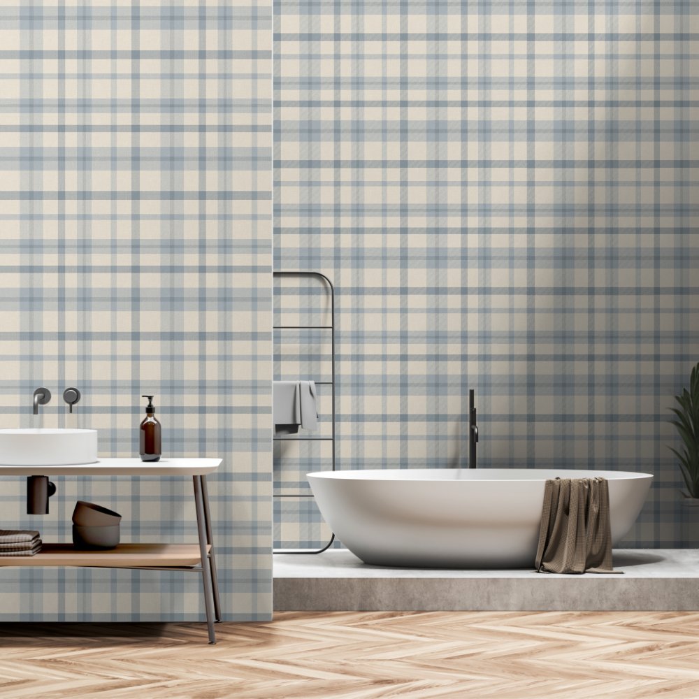 Masculine Muted Blue Plaid w/ Linen Texture Wallpaper