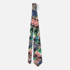 Black Pink Green White Tropical Plants Neck Tie