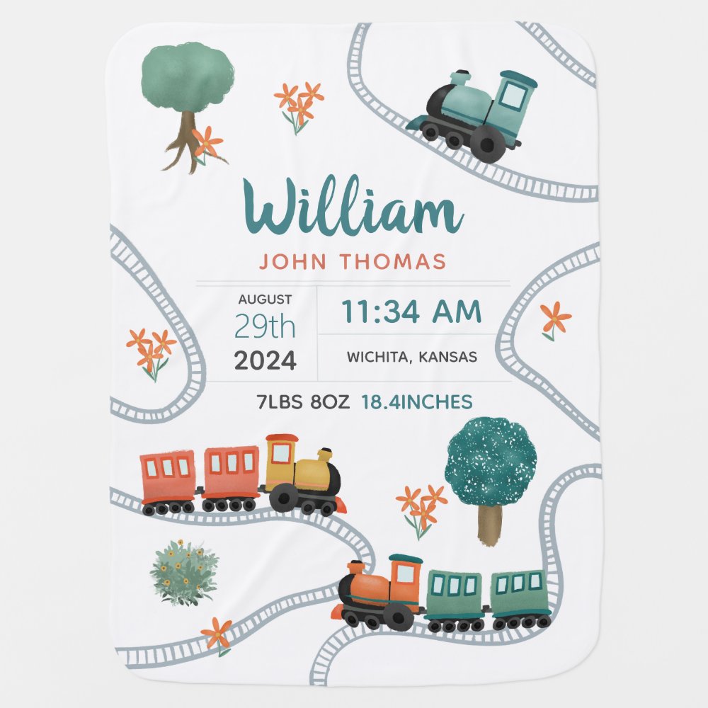 Boys Cute Train Travel Keepsake Birth Stats Baby Blanket