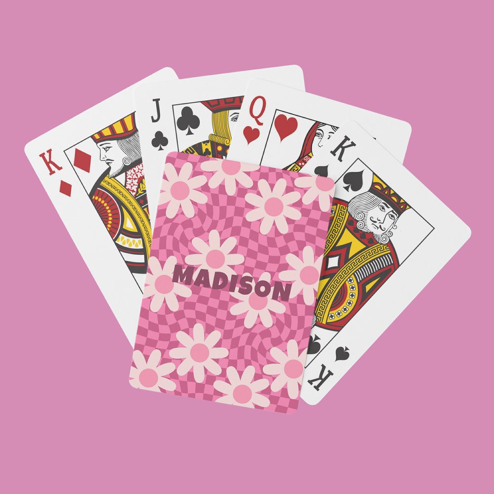 Hippie Groovy Pink Daisy Personalized Name Gift Poker Cards