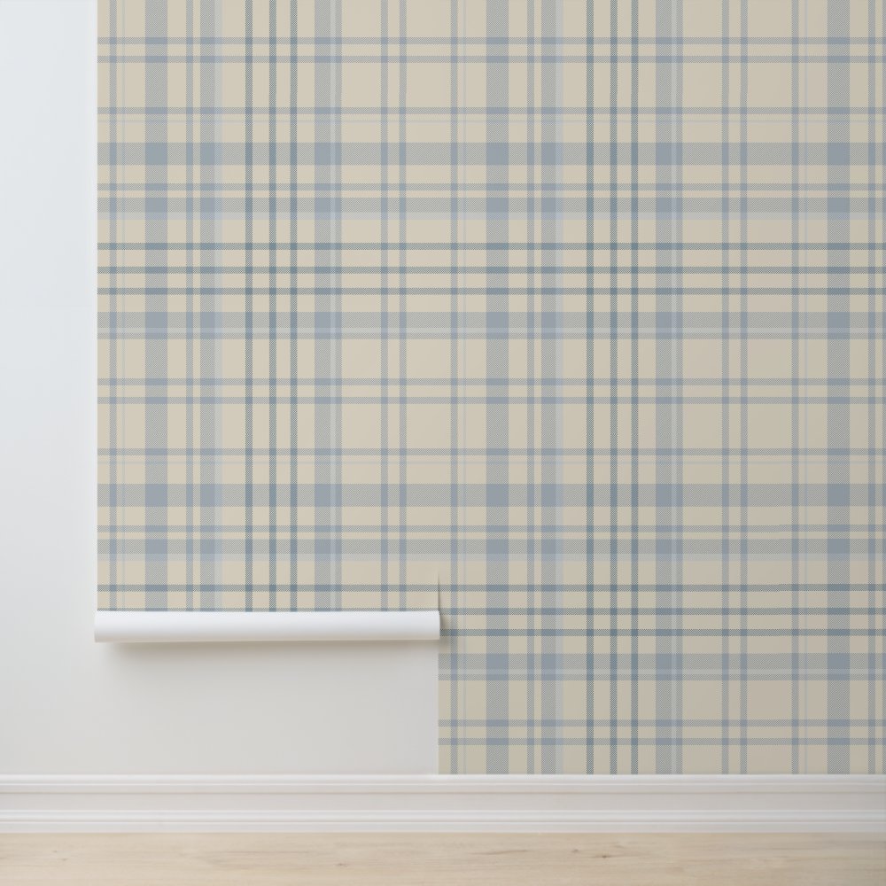 Classic Soft Blue & Beige Plaid Wallpaper