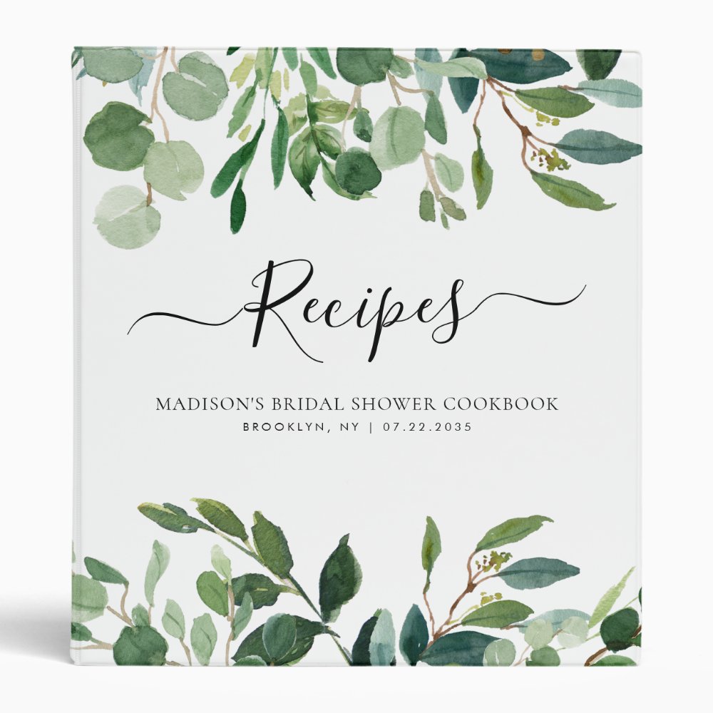 Modern Eucalyptus Botanical Bridal Shower Recipe 3 Ring Binder