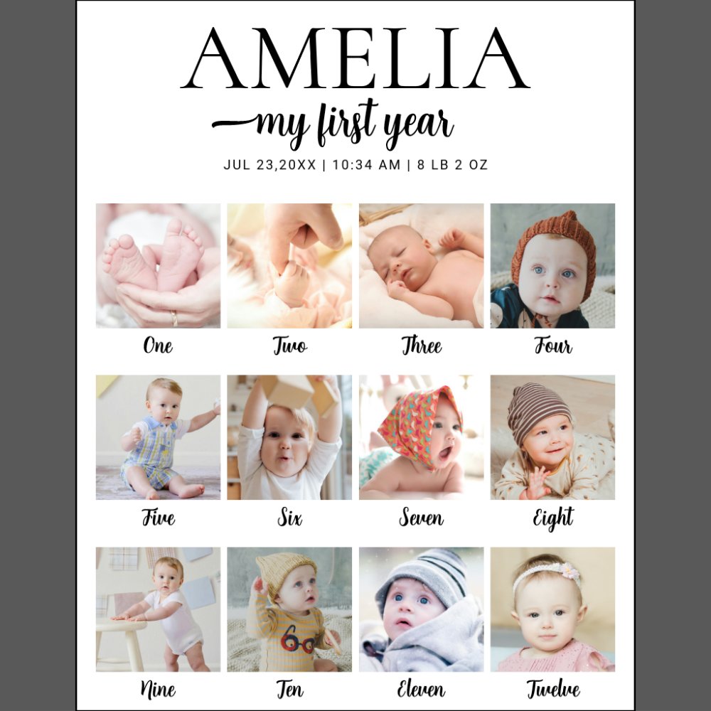 1st Birthday Milestone Custom Photo Collage Poster