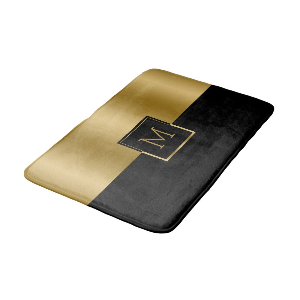 Gold & Black Geometric Design Monogram Bath Mat