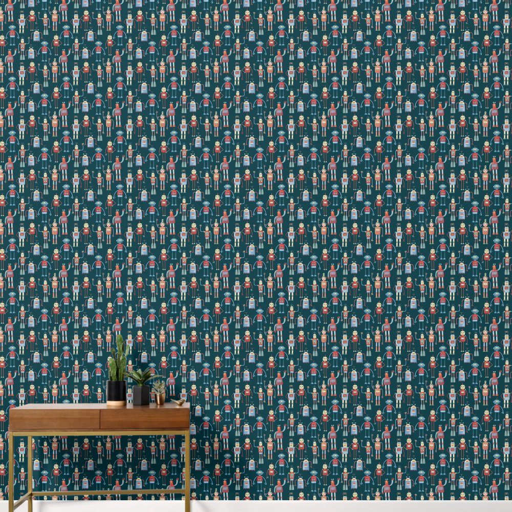Fun Robot Pattern Teal Green Wallpaper
