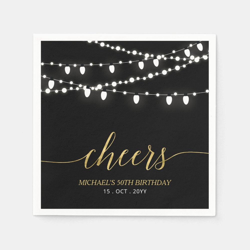 Black & Gold | Elegant Lights Adult Birthday Party Napkins