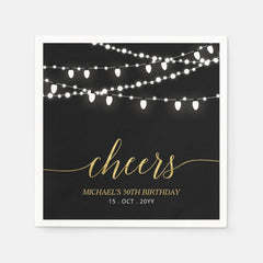 Black & Gold | Elegant Lights Adult Birthday Party Napkins