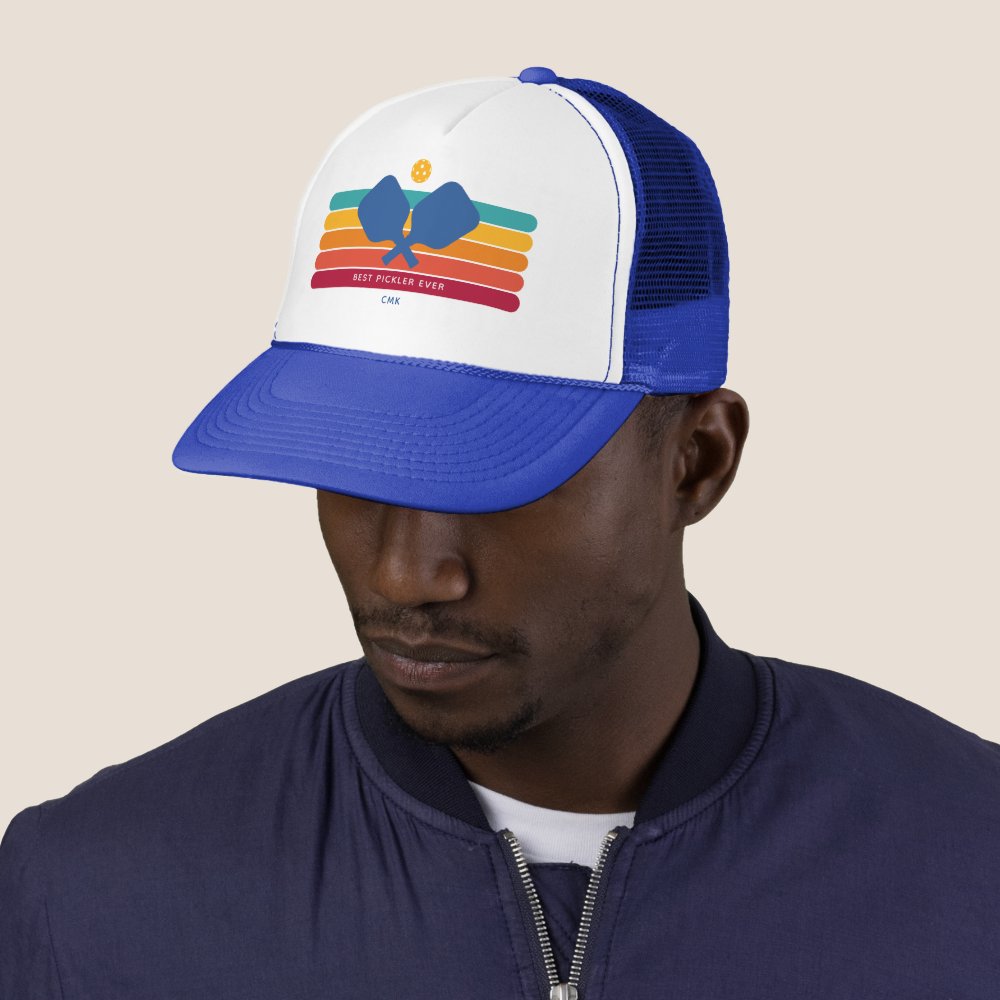 Cool Retro Stripes Custom Text Pickleball Player Trucker Hat