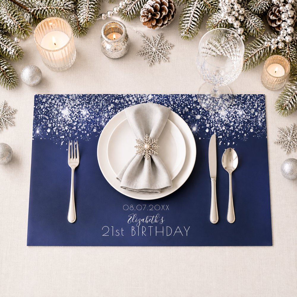 Birthday navy blue silver glitter paper placemat
