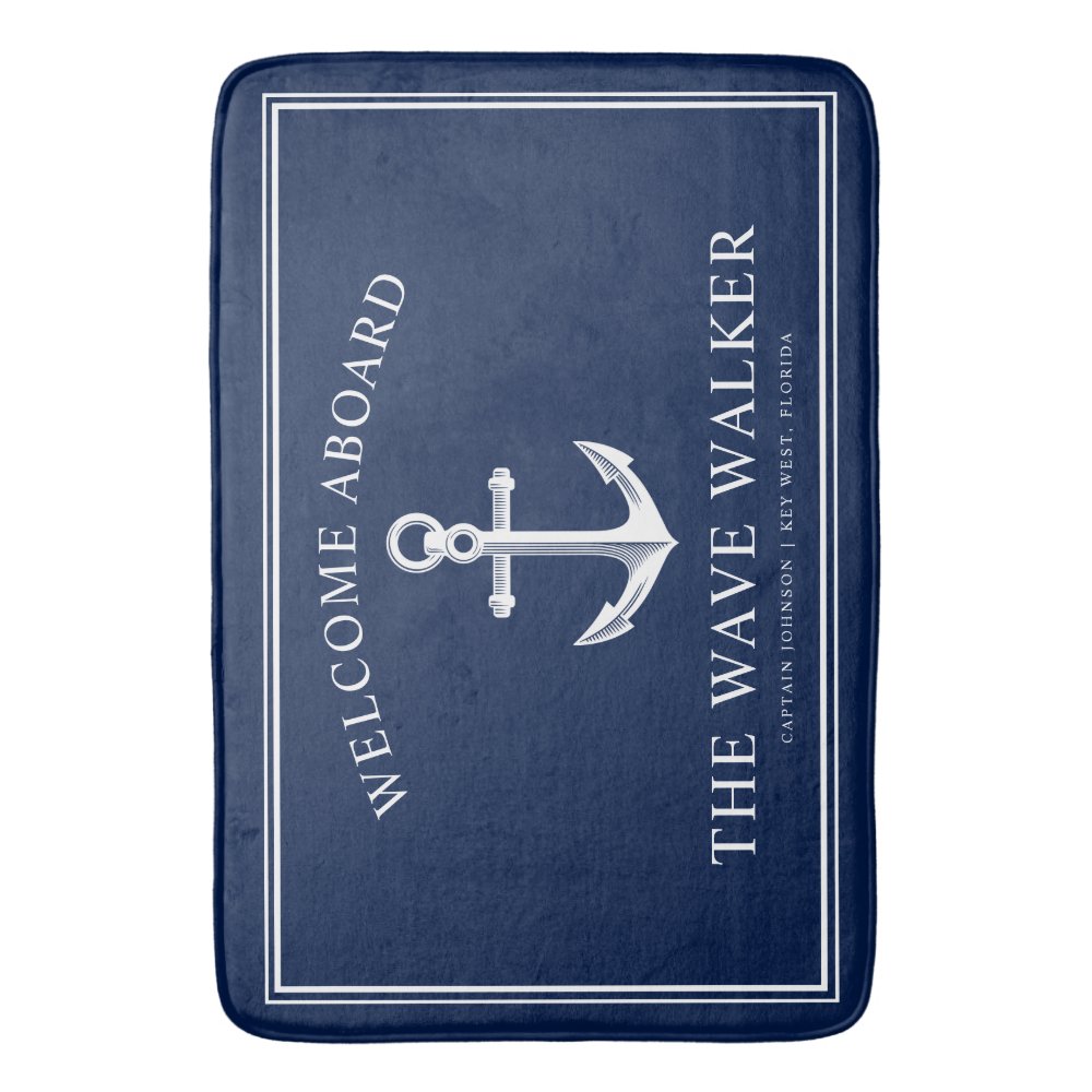 Nautical Boat Welcome | Navy and White Bath Mat