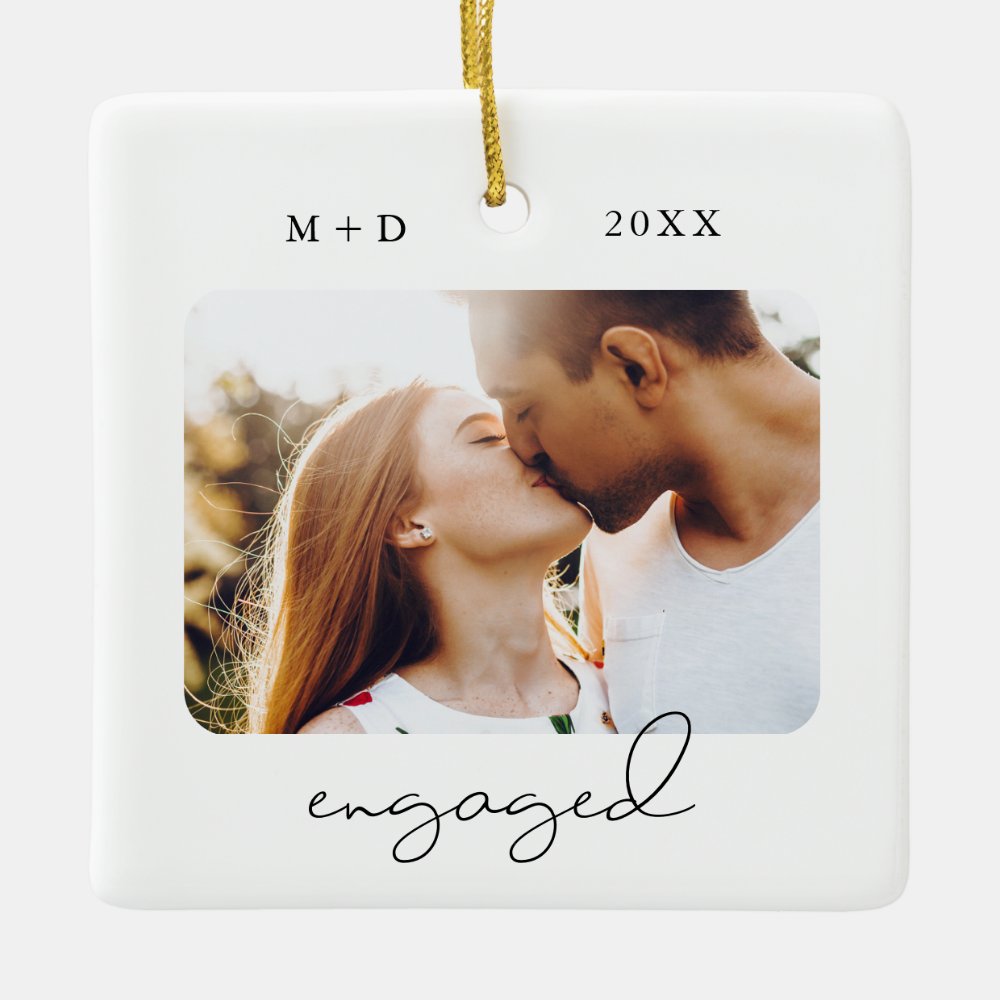 Modern Script Elegant Engagement Photo Keepsake Ceramic Ornament