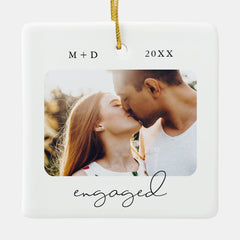 Modern Script Elegant Engagement Photo Keepsake Ceramic Ornament