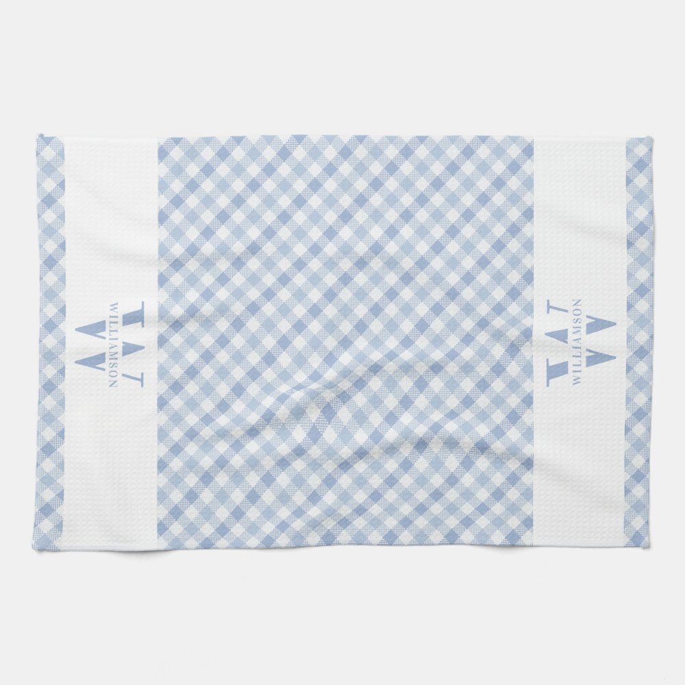 Modern Rustic Family Monogram Blue Gingham Plaid Kitchen Towel