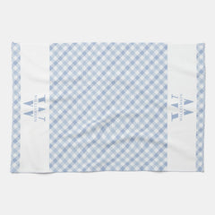 Modern Rustic Family Monogram Blue Gingham Plaid Kitchen Towel