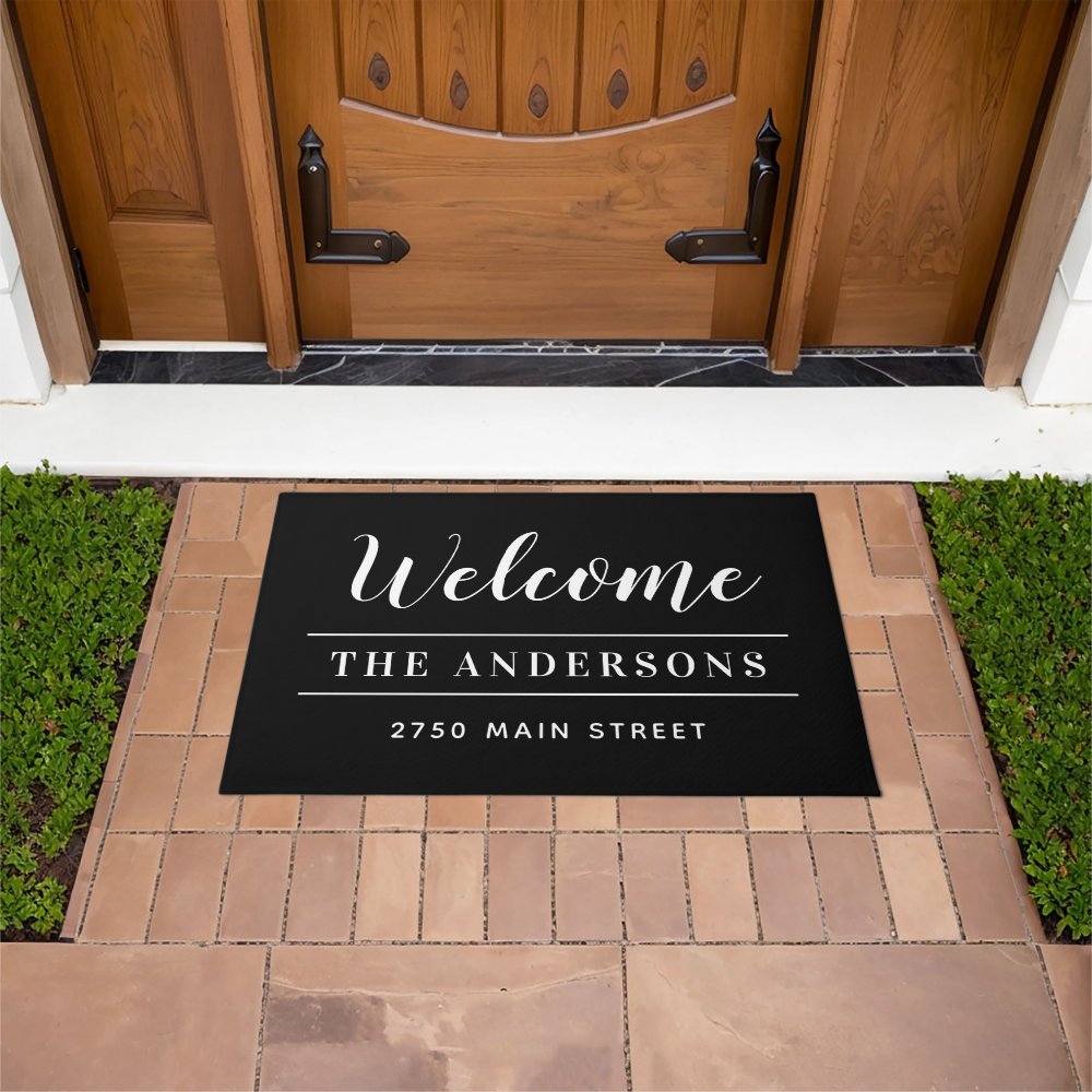 Welcome Black Family Name and Address Doormat
