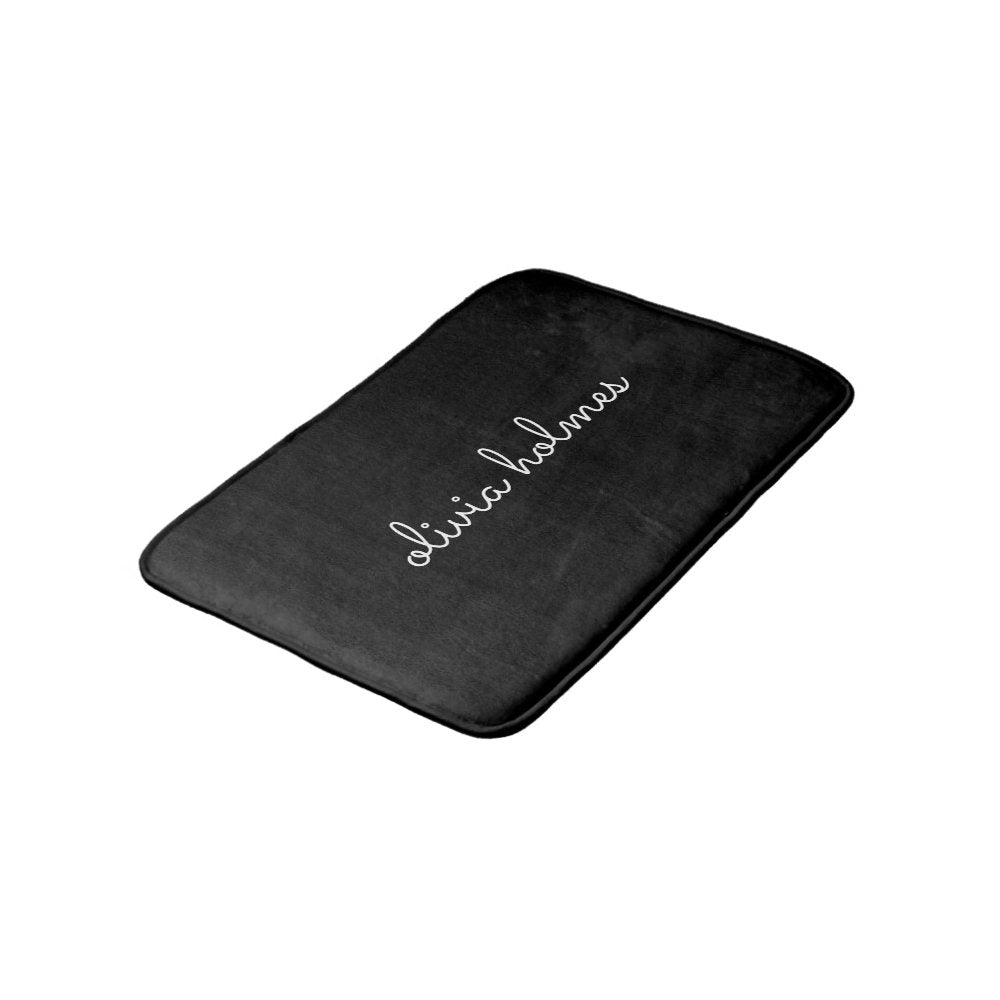 Trendy Monogram | Modern Black Script Name Bath Mat
