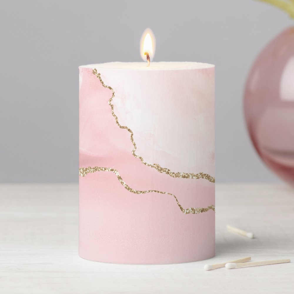 Pink Blush Agate with Gold Ribbon Elegant Pillar Candle