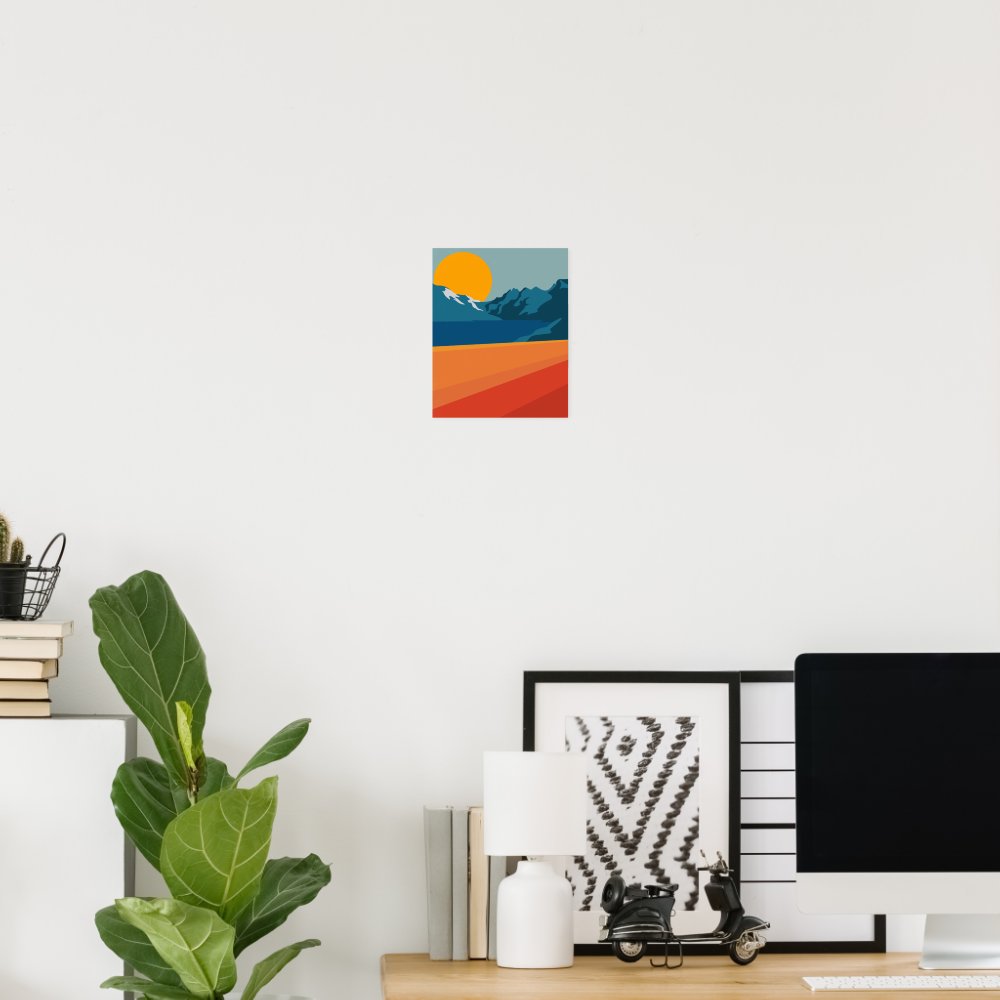 Retro Mountain Landscape Illustration Red Blue Poster