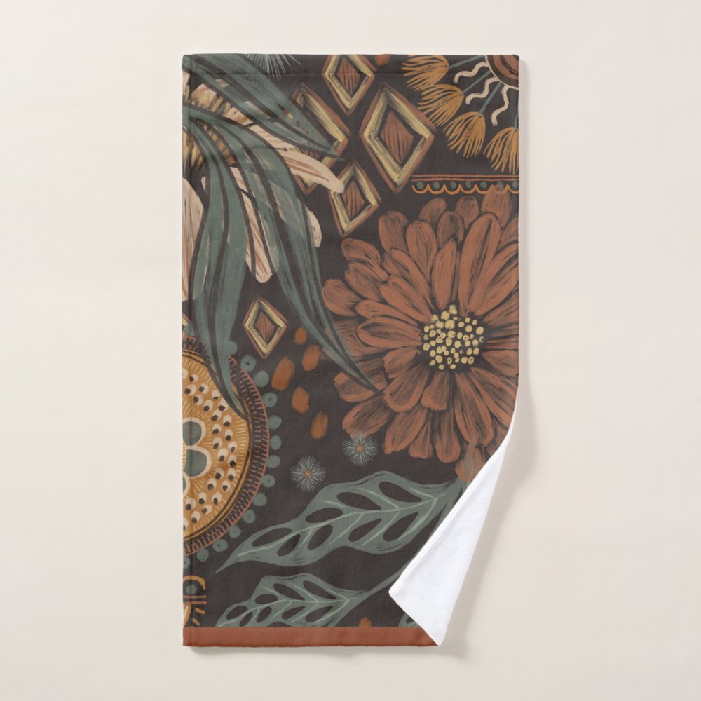 Dark Boho Terracotta Sage Botanical Pattern Bath Towel Set