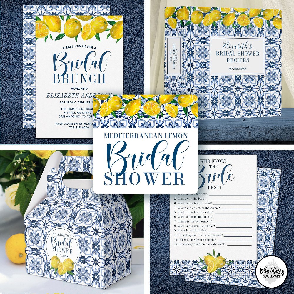 Lemon Italian Blue Tile Bridal Shower Recipe Card