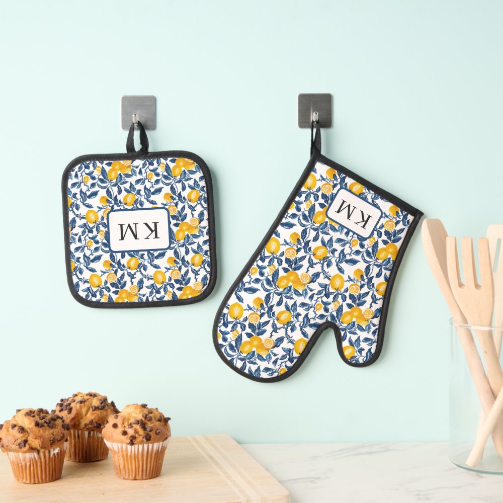 Personalized Mediterranean Lemon  Oven Mitt & Pot Holder Set