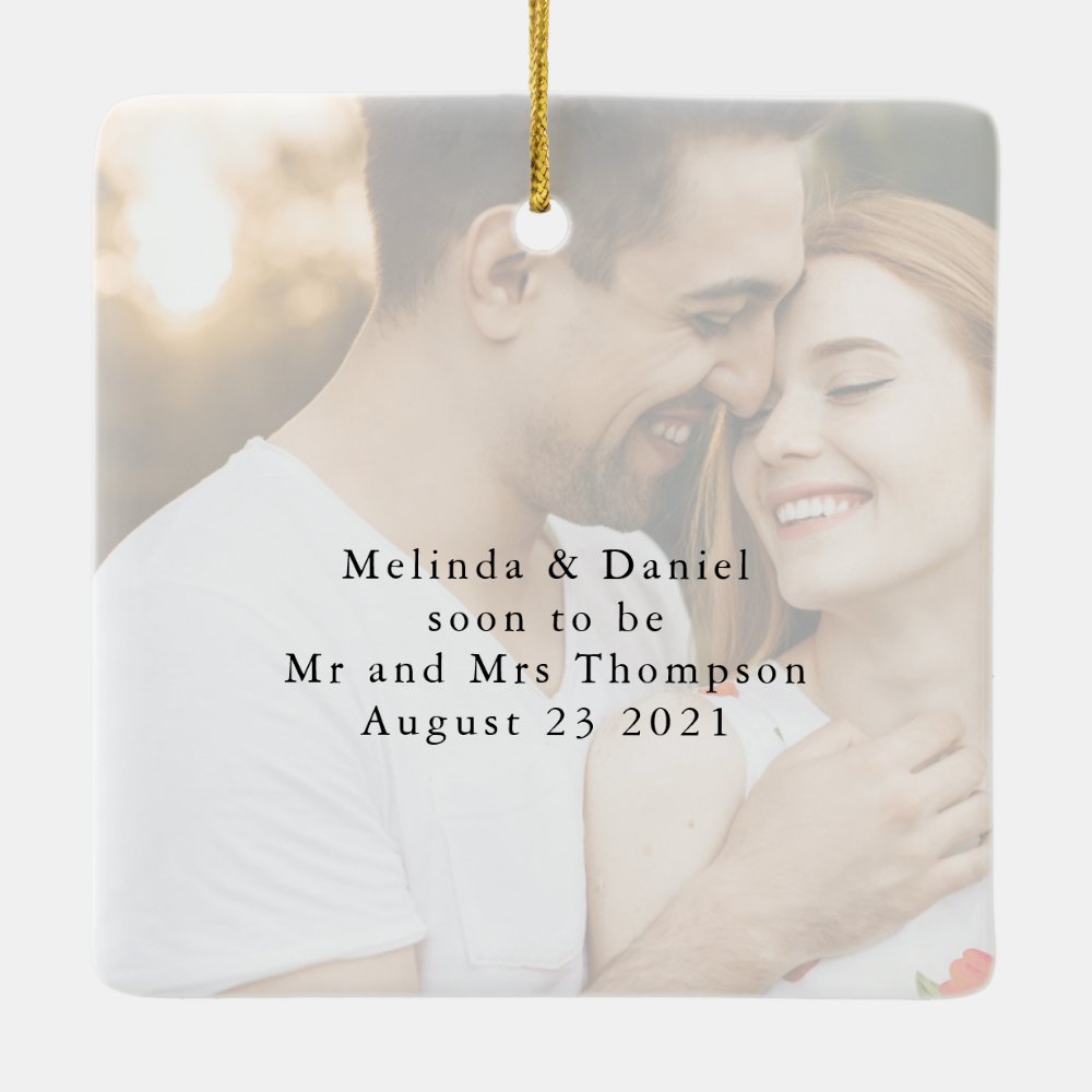Modern Script Elegant Engagement Photo Keepsake Ceramic Ornament