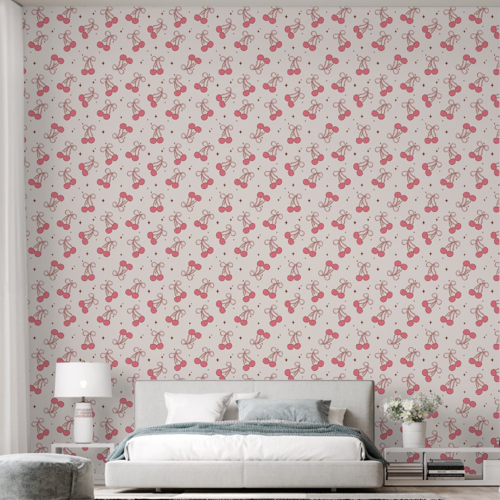 Pink Coquette Cherry Bow Pattern Wallpaper
