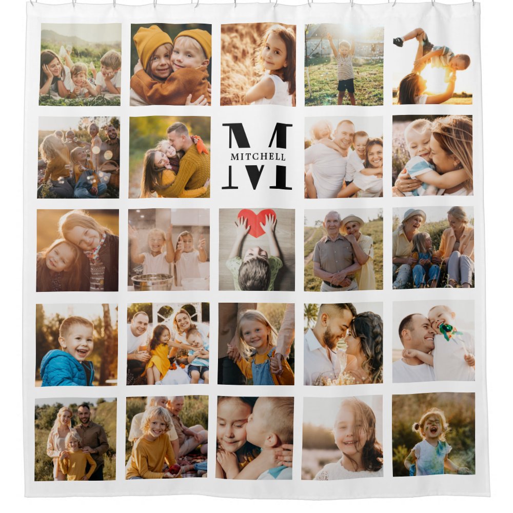 Modern Monogram Family Name 24 Photo Collage Shower Curtain