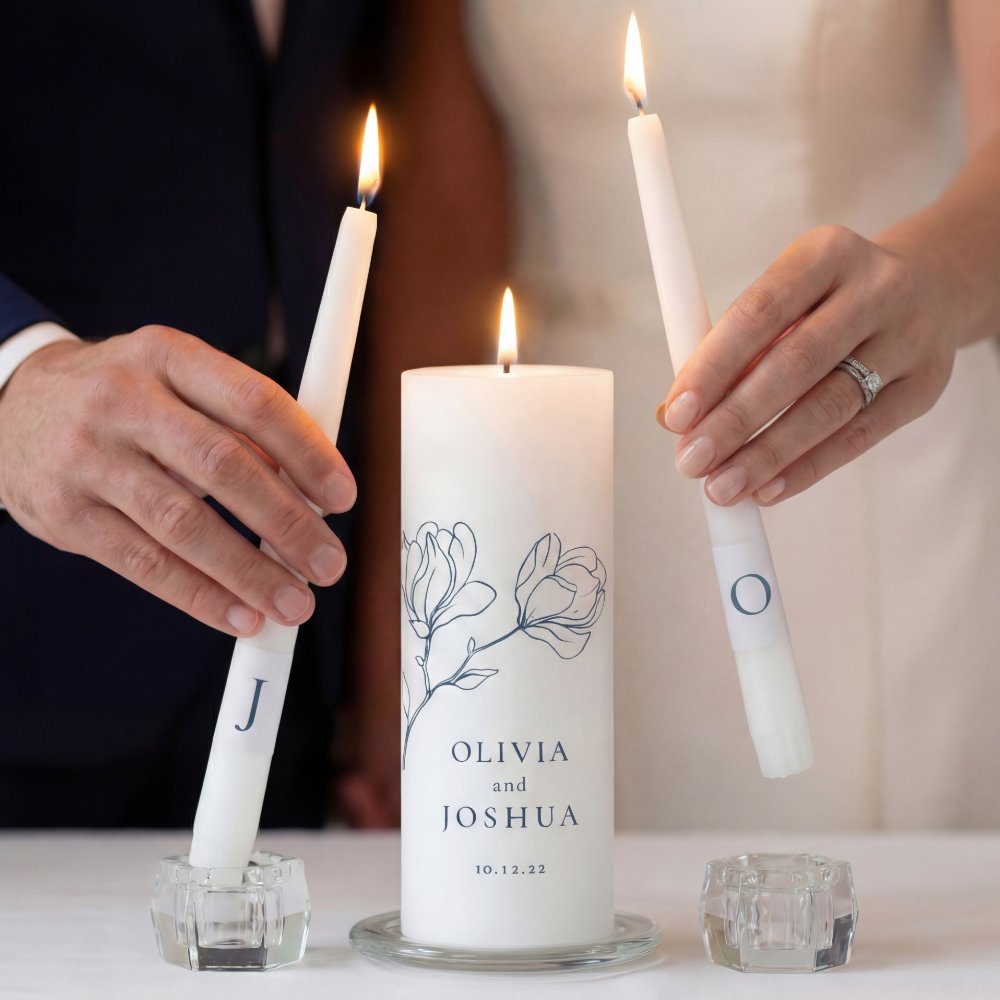 Bohemian Navy Blue Floral Unity Candle Set