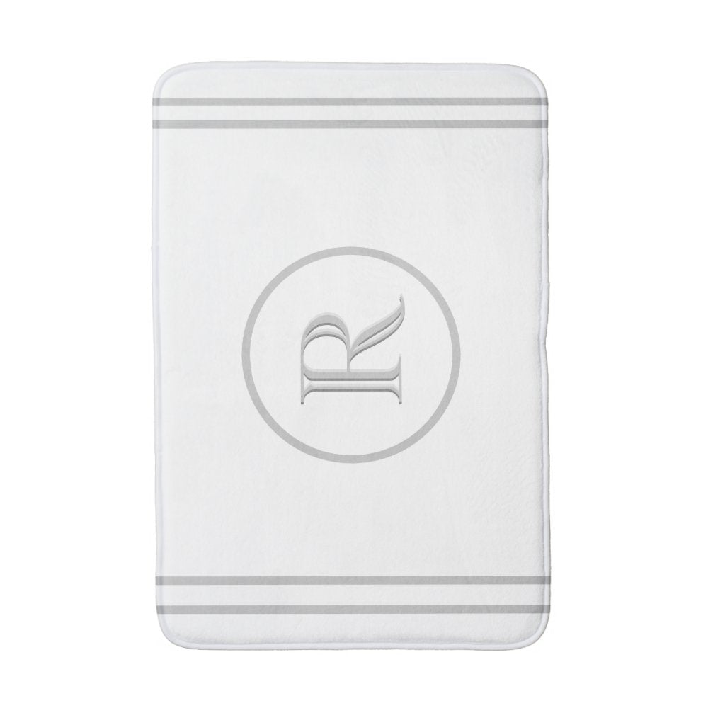 Elegant Chic White Grey Trim Custom Monogram    Bath Mat