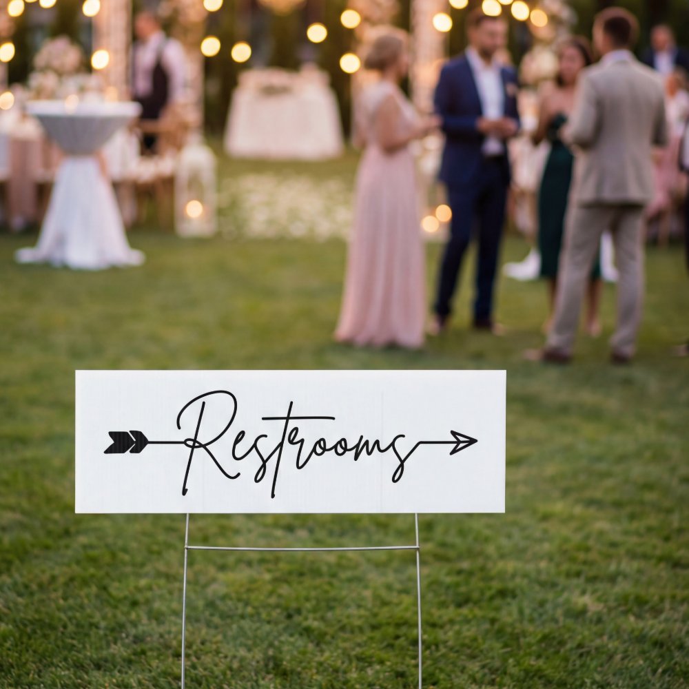 Restrooms direction sign, party arrow sign