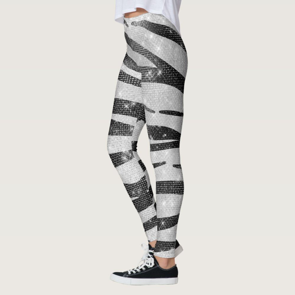 Glamorous Black White Sparkly Glitter Zebra Stripe Leggings