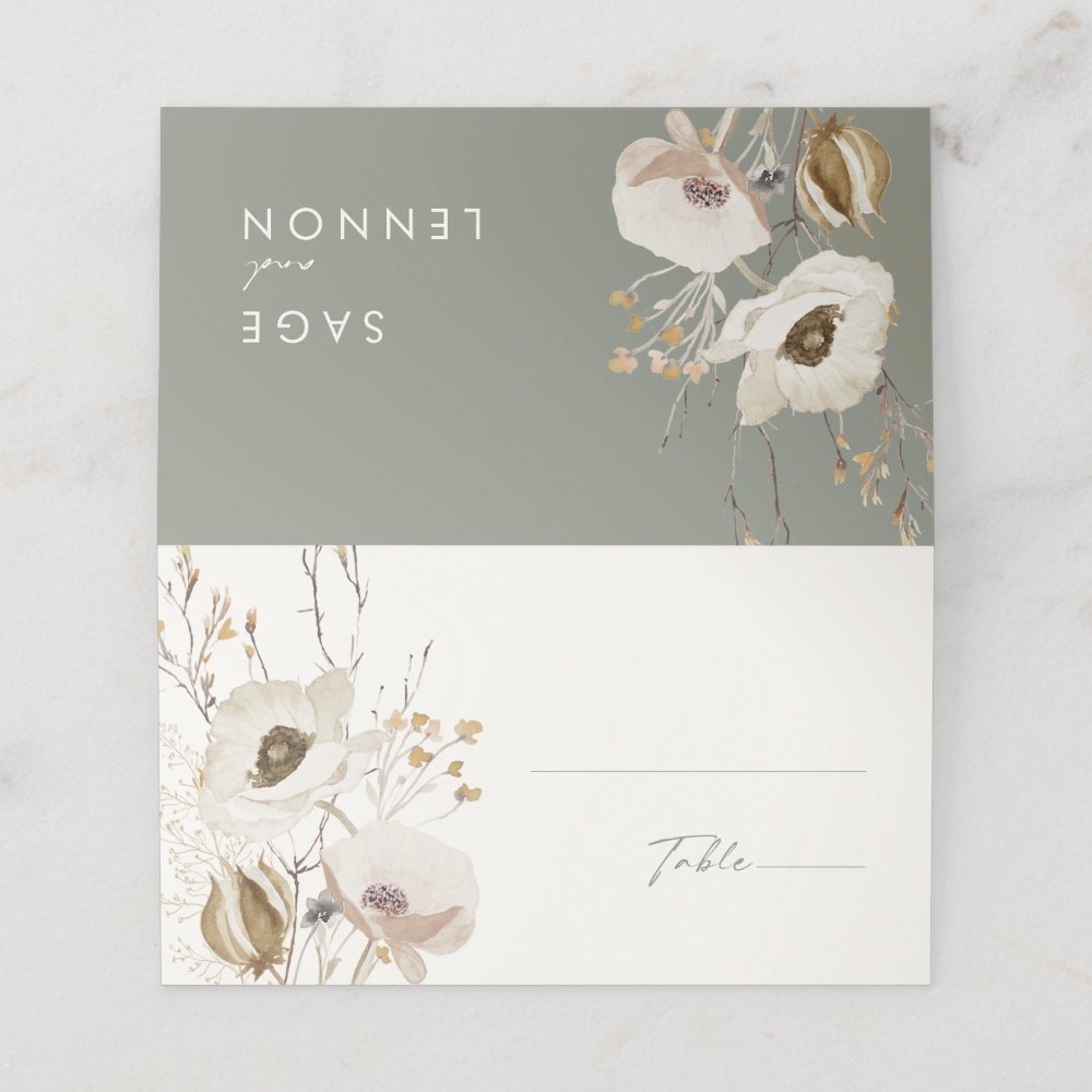 Whimsical Wildflower | Ivory & Sage Folded Wedding Place Card