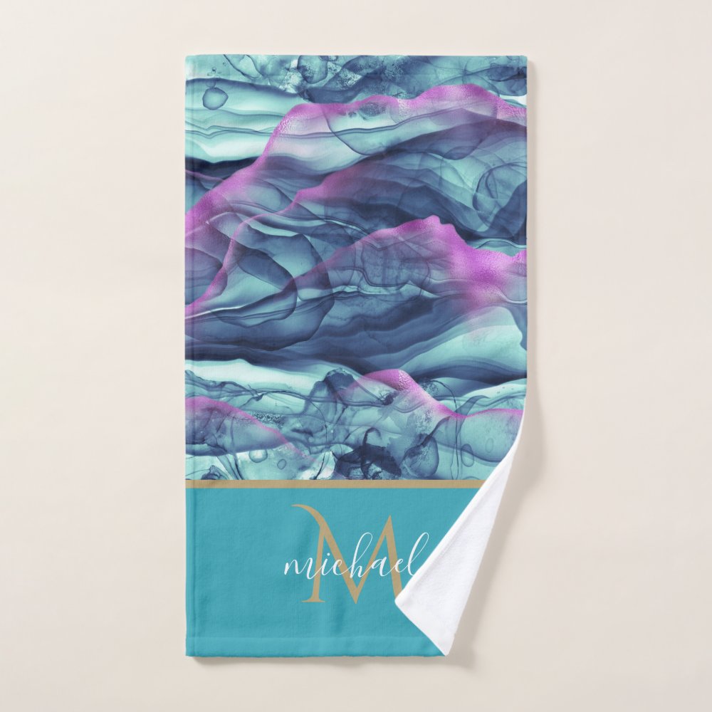 Turquoise Teal  Marble Agate & Monogram Bath Towel Set