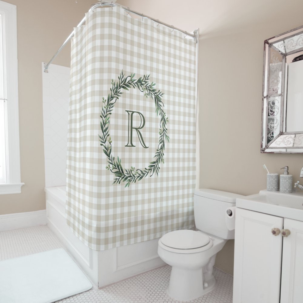Farmhouse Beige Buffalo Plaid Wreath Monogram Shower Curtain