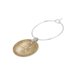 Faux Gold Brushed Metal Glitter Print Monogram Wine Charm