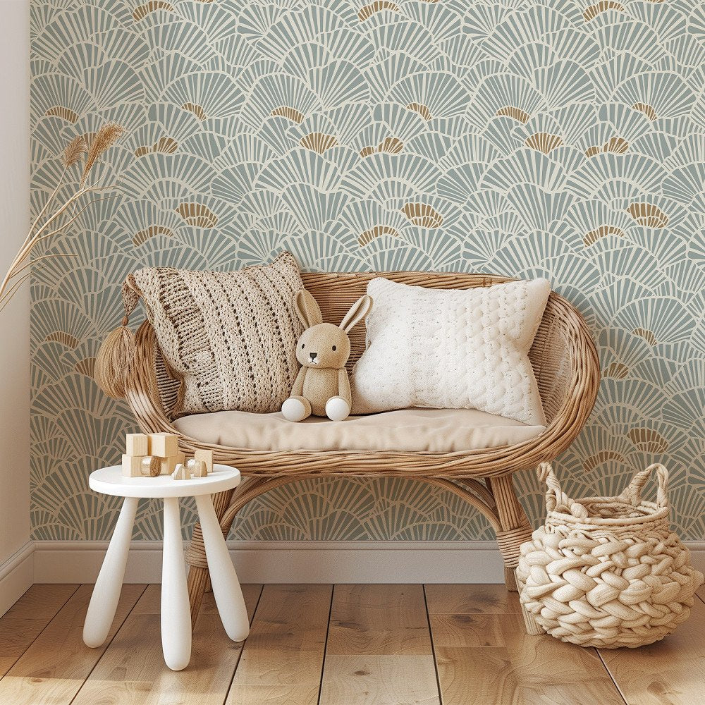 Soft Blue and Gold Fan Shell Art Deco Wallpaper