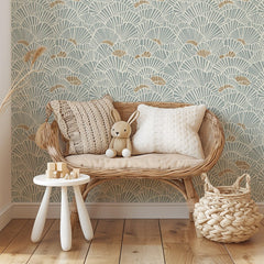Soft Blue and Gold Fan Shell Art Deco Wallpaper