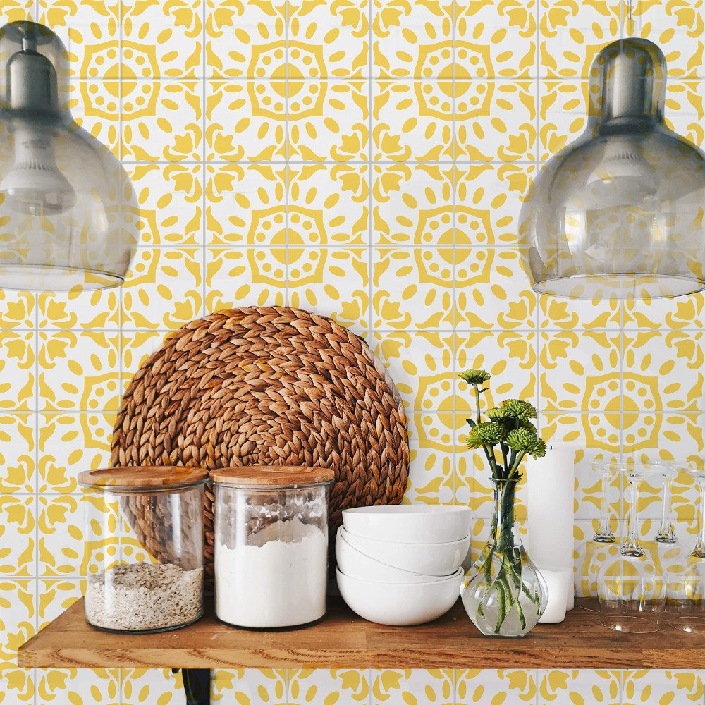 Azulejo Portuguese Mediterranean Yellow White 4 Ceramic Tile