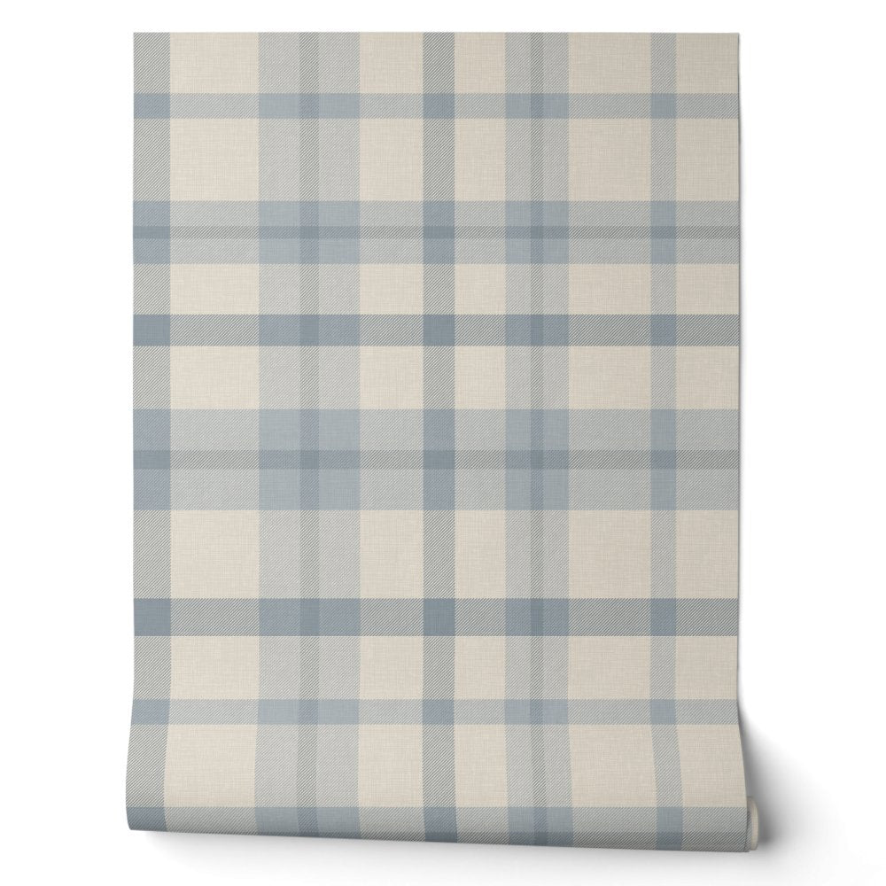 Masculine Muted Blue Plaid w/ Linen Texture Wallpaper