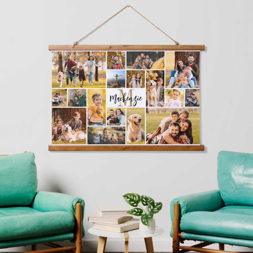 Modern 17 Photo Collage Monogram Script Name Hanging Tapestry