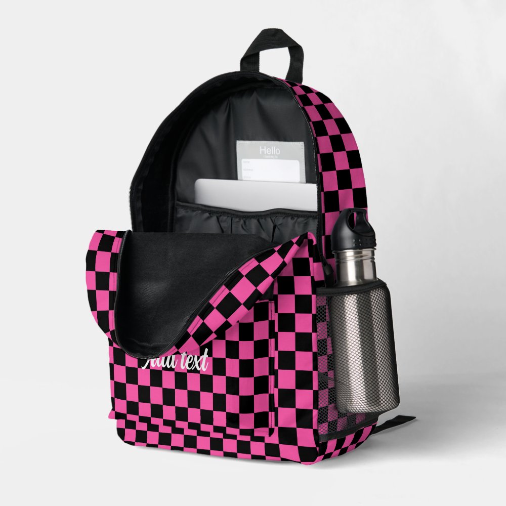 Personalized Modern Pink Black Checkered   Printed Backpack