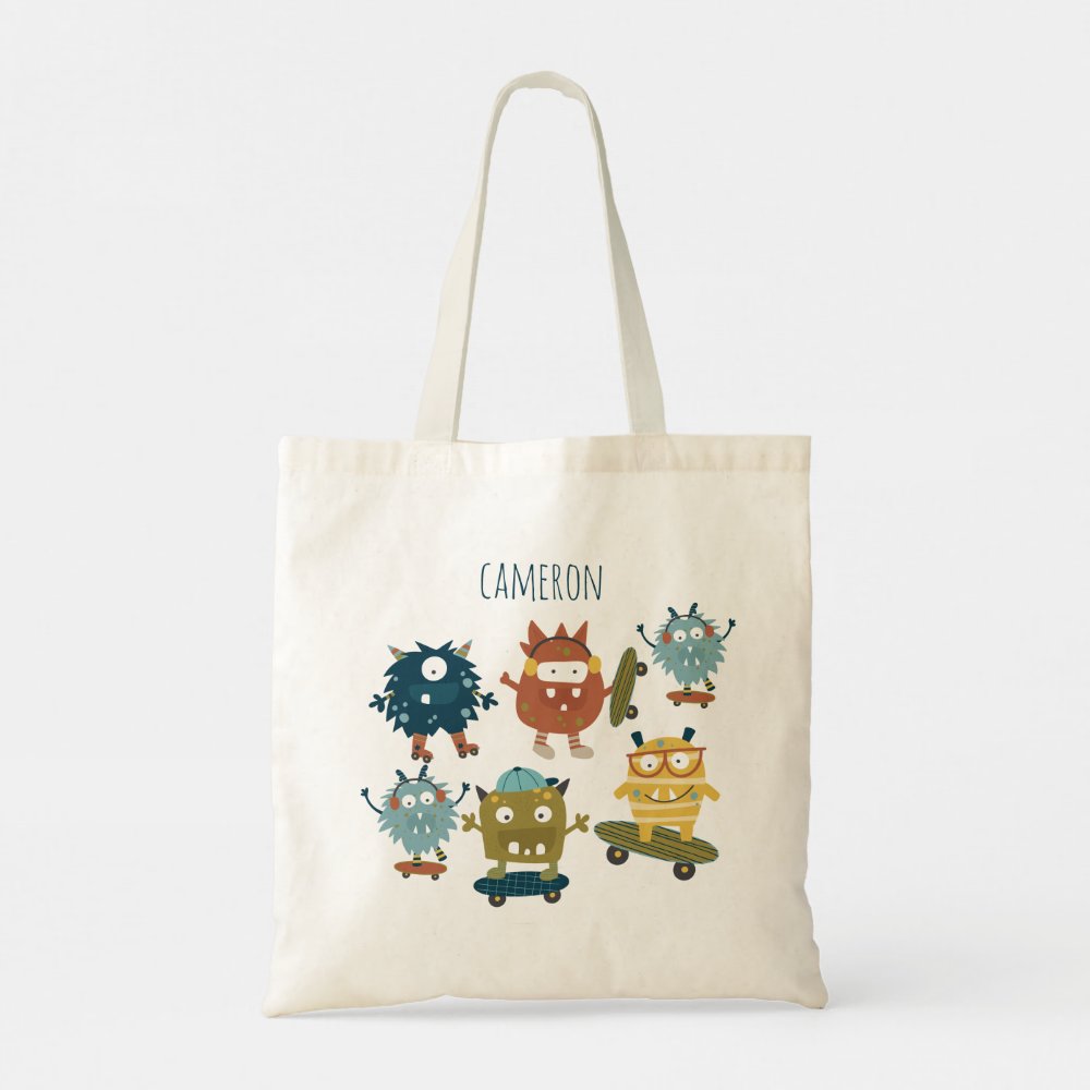Cute Skateboard Monsters Personalized Name Tote Bag