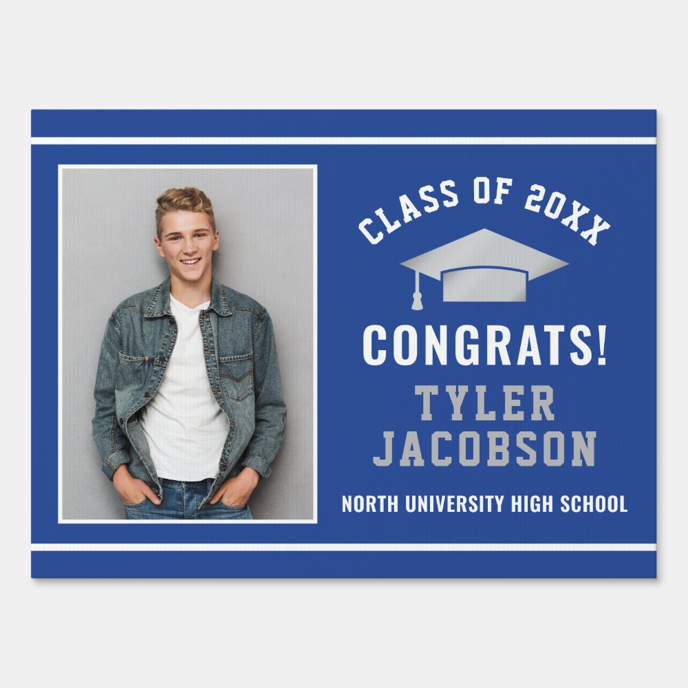 Congrats Modern Royal Blue Custom Photo Graduation Sign