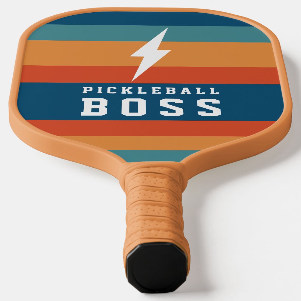 Pickleball Boss Lightning Bolt Retro Stripes Name  Paddle