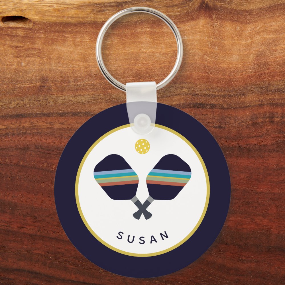Pickleball Paddles Personalized Name Blue Yellow Keychain