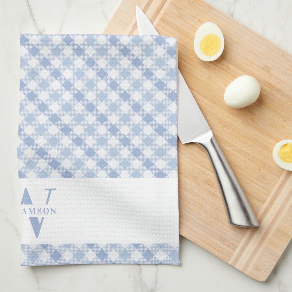 Modern Rustic Family Monogram Blue Gingham Plaid Kitchen Towel